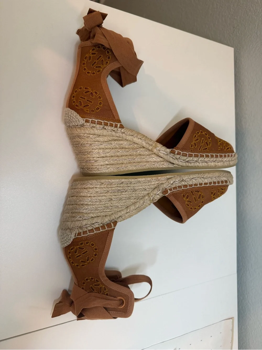 Gucci Brown Embroidered Espadrille Wedge Sandals with Ankle Wraps